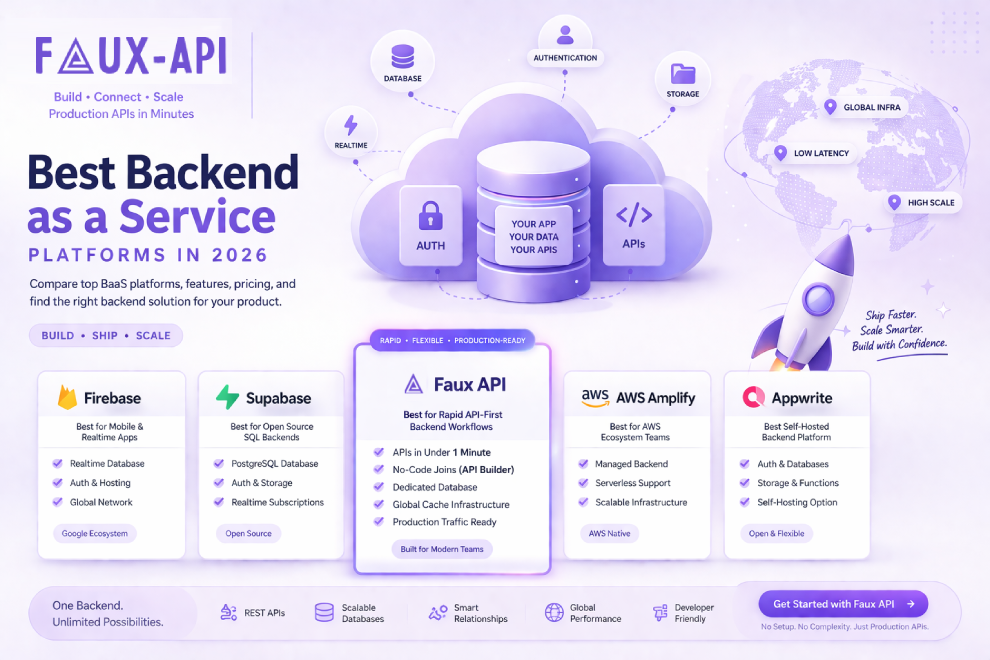 Backend as a Service platforms in 2026 comparison featuring Faux API, Supabase, Firebase, AWS Amplify, and Appwrite